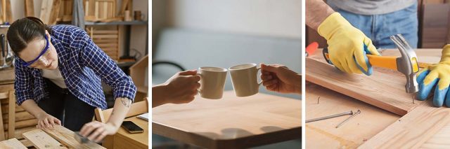 assorted images of people doing joinery work and sharing a cup of tea